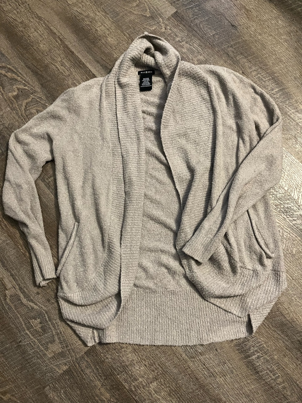 Max & Mia Very Cozy Open-Front Shawl Collar Cardigan with pockets in color Taupe